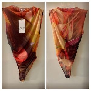 ZARA Draped Ruched Semi Sheer Mesh Bodysuit NWOT